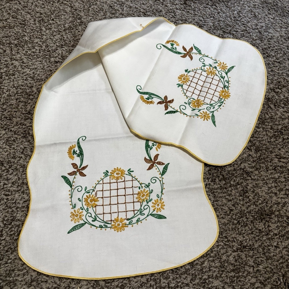 Embroidered Floral Table Dresser Runners Oblong Vintage Yellow Green 2 Sizes